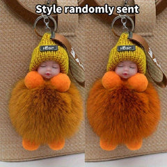 Fluffy Sleeping Baby Charm Keychain Plush Keyring Bag Accessory Car Ornament