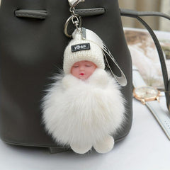 Fluffy Sleeping Baby Charm Keychain Plush Keyring Bag Accessory Car Ornament