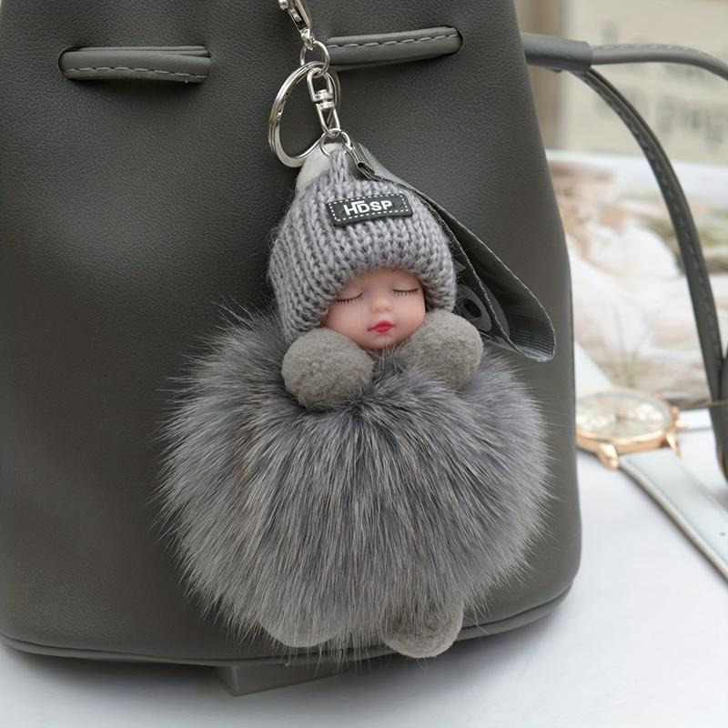 Fluffy Sleeping Baby Charm Keychain Plush Keyring Bag Accessory Car Ornament
