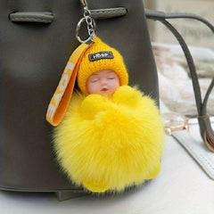 Fluffy Sleeping Baby Charm Keychain Plush Keyring Bag Accessory Car Ornament