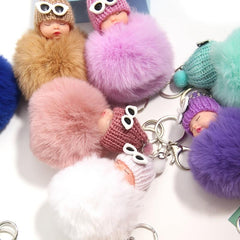 Pompon Sleeping Car Baby Key Ring for Handbags