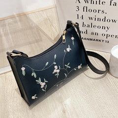 Floral Embroidery Baguette Bag Faux Leather Shoulder Purse