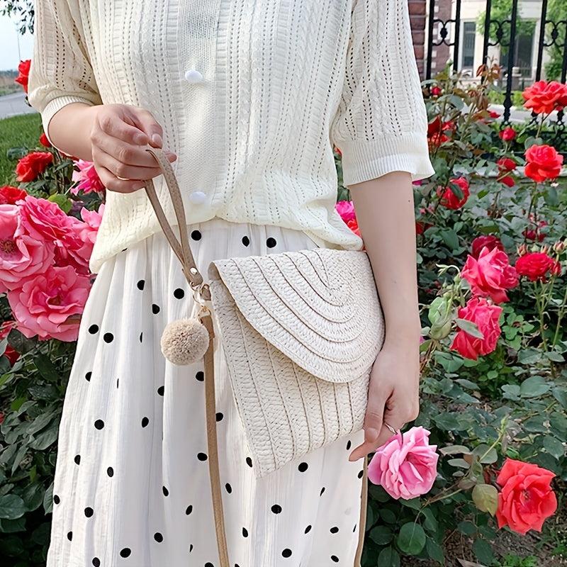 Boho Straw Woven Crossbody Bag Braided Handbag Pompom Decor