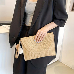 Boho Straw Woven Crossbody Bag Braided Handbag Pompom Decor