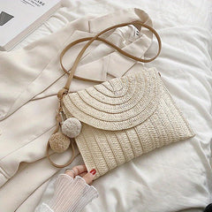 Boho Straw Woven Crossbody Bag Braided Handbag Pompom Decor