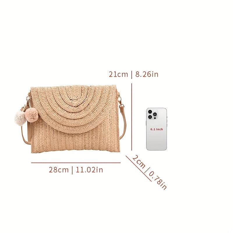 Boho Straw Woven Crossbody Bag Braided Handbag Pompom Decor