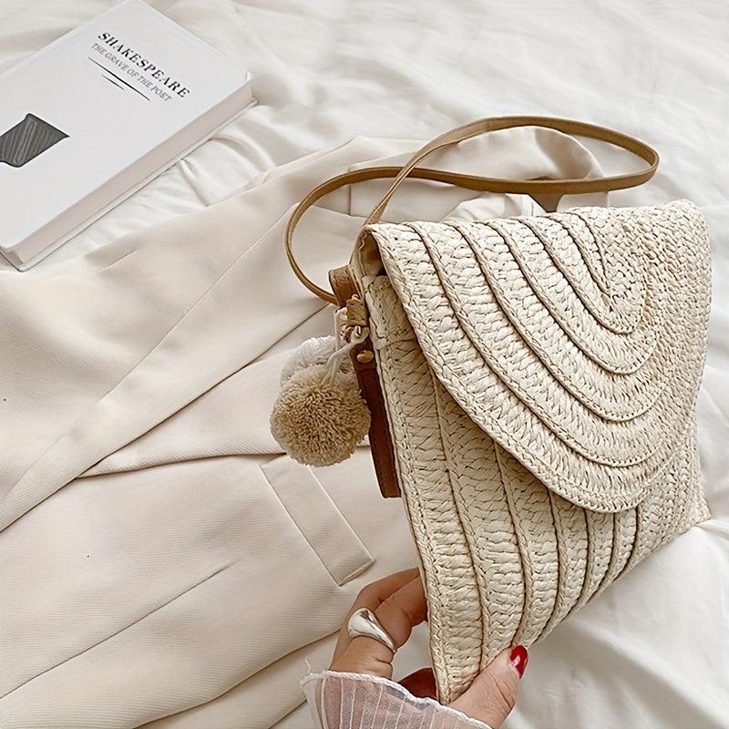Boho Straw Woven Crossbody Bag Braided Handbag Pompom Decor