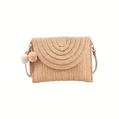 Boho Straw Woven Crossbody Bag Braided Handbag Pompom Decor