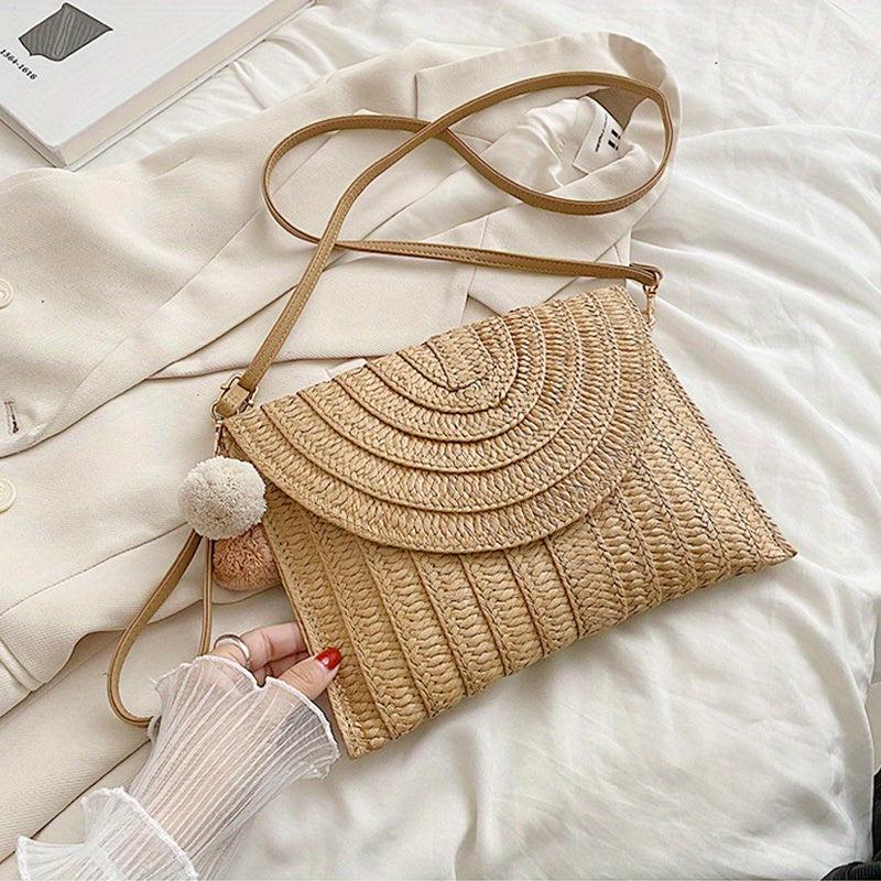 Boho Straw Woven Crossbody Bag Braided Handbag Pompom Decor