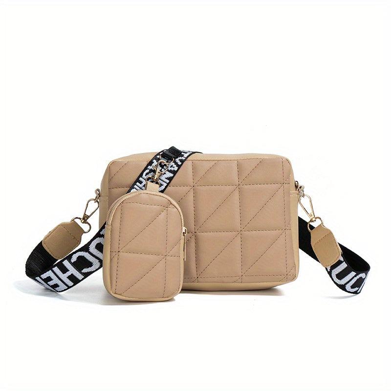 2Pcs Argyle Quilted Crossbody Bag Set Wide Strap Square Shoulder Bag Phone Bag
