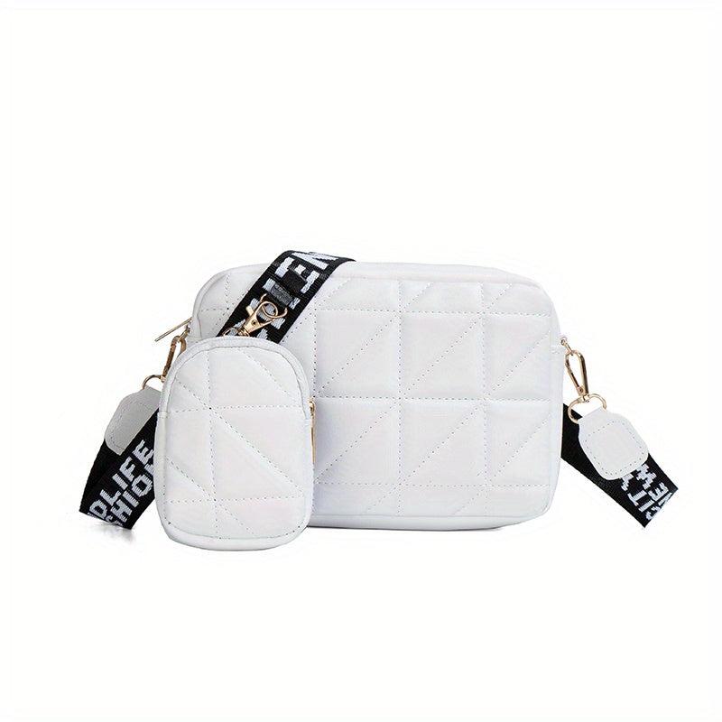 2Pcs Argyle Quilted Crossbody Bag Set Wide Strap Square Shoulder Bag Phone Bag