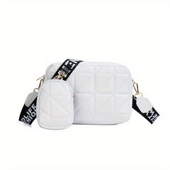 2Pcs Argyle Quilted Crossbody Bag Set Wide Strap Square Shoulder Bag Phone Bag