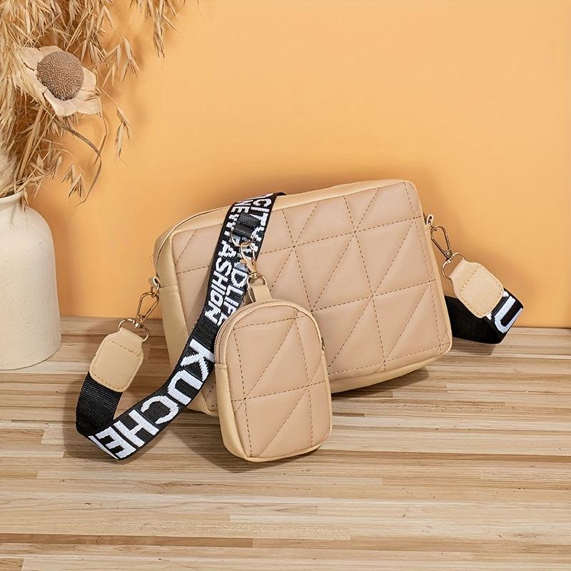 2Pcs Argyle Quilted Crossbody Bag Set Wide Strap Square Shoulder Bag Phone Bag