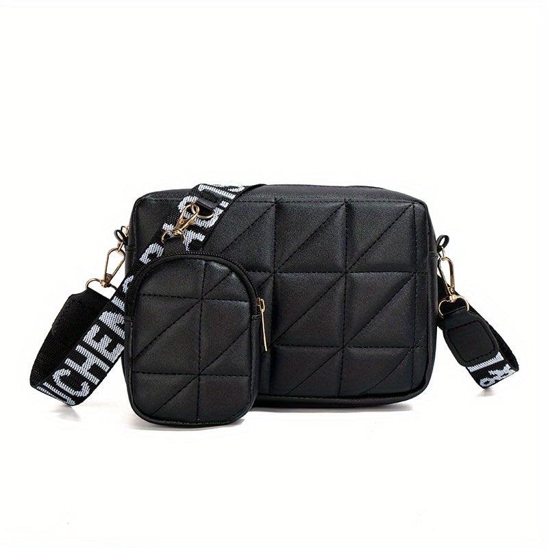 2Pcs Argyle Quilted Crossbody Bag Set Wide Strap Square Shoulder Bag Phone Bag