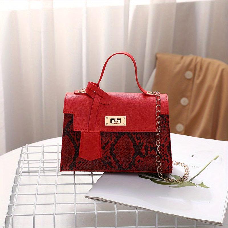 Snakeskin Pattern Chain Crossbody Bag PU Leather Satchel Purse