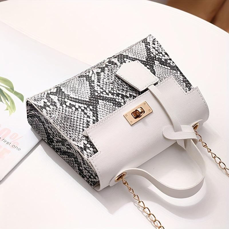 Snakeskin Pattern Chain Crossbody Bag PU Leather Satchel Purse