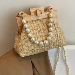 Straw Woven Beach Bag Faux Pearl Chain Wooden Clip Purse
