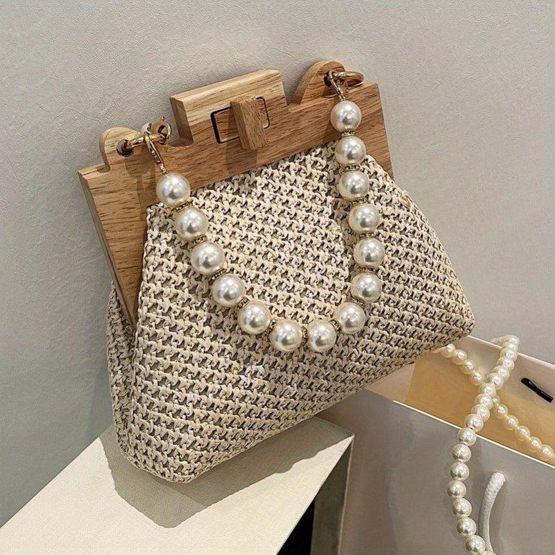 Straw Woven Beach Bag Faux Pearl Chain Wooden Clip Purse