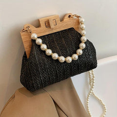 Straw Woven Beach Bag Faux Pearl Chain Wooden Clip Purse