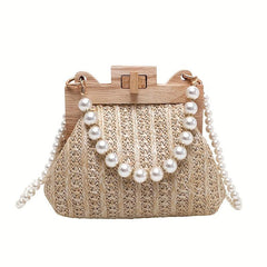 Straw Woven Beach Bag Faux Pearl Chain Wooden Clip Purse