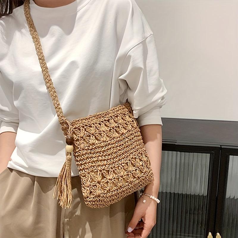 Boho Woven Crossbody Bag Tassel Decor Square Straw Bag