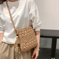 Boho Woven Crossbody Bag Tassel Decor Square Straw Bag