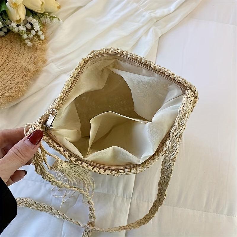 Boho Woven Crossbody Bag Tassel Decor Square Straw Bag