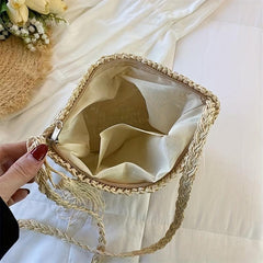 Boho Woven Crossbody Bag Tassel Decor Square Straw Bag