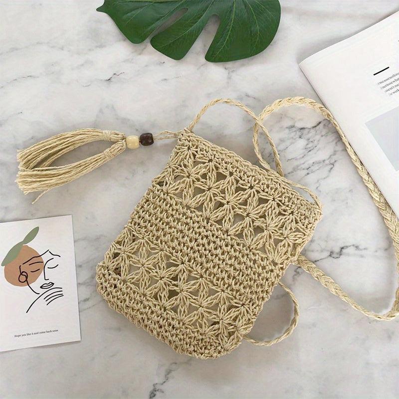 Boho Woven Crossbody Bag Tassel Decor Square Straw Bag