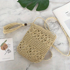 Boho Woven Crossbody Bag Tassel Decor Square Straw Bag