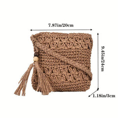 Boho Woven Crossbody Bag Tassel Decor Square Straw Bag