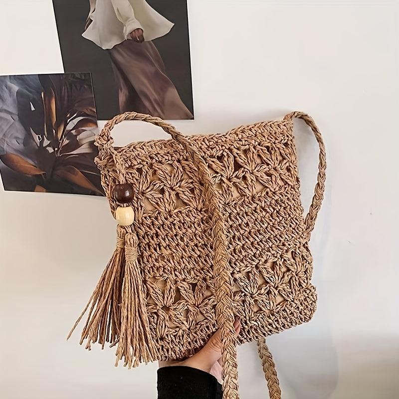 Boho Woven Crossbody Bag Tassel Decor Square Straw Bag