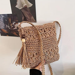 Boho Woven Crossbody Bag Tassel Decor Square Straw Bag