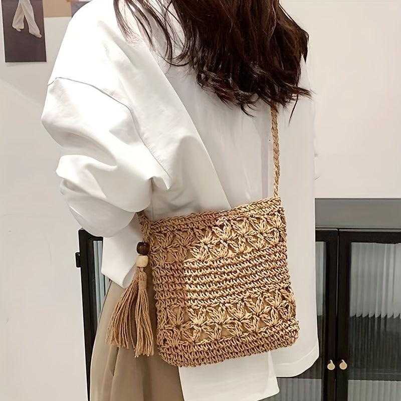 Boho Woven Crossbody Bag Tassel Decor Square Straw Bag