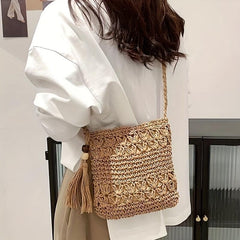 Boho Woven Crossbody Bag Tassel Decor Square Straw Bag