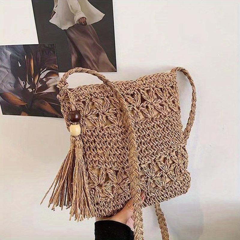 Boho Woven Crossbody Bag Tassel Decor Square Straw Bag