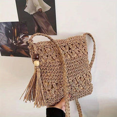 Boho Woven Crossbody Bag Tassel Decor Square Straw Bag