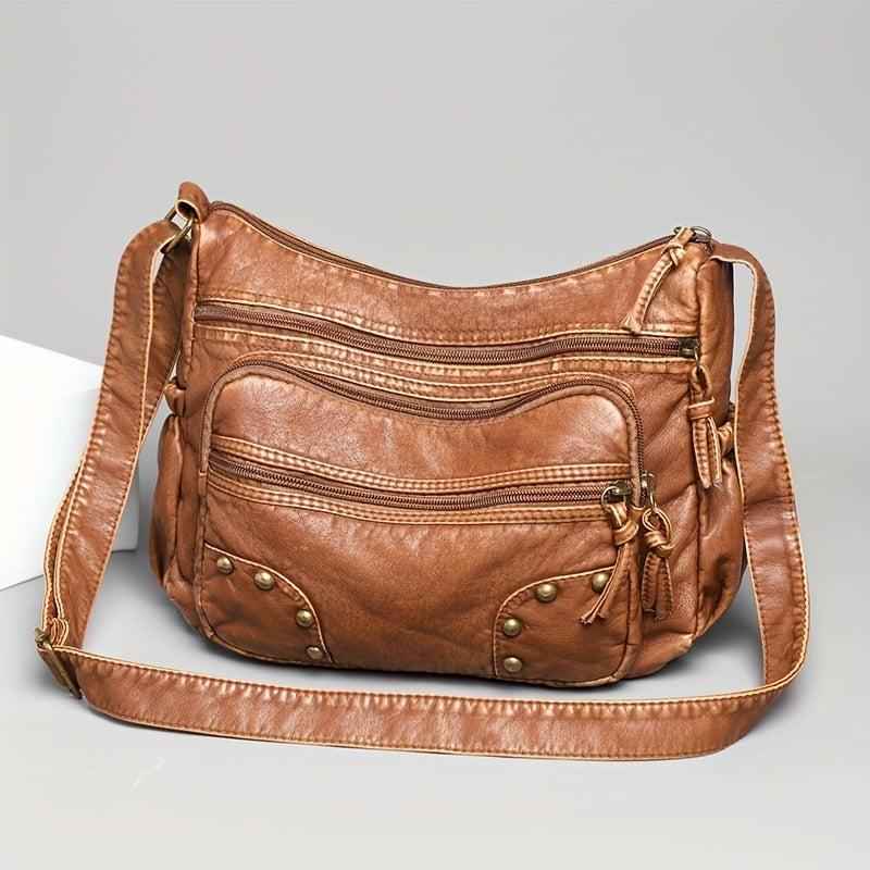 Studded Decor Crossbody Bag Retro Style Shoulder Bag PU Leather