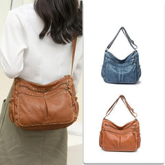 Retro Crossbody Bag Pockets Shoulder Bag Washed Leather Purse For Women