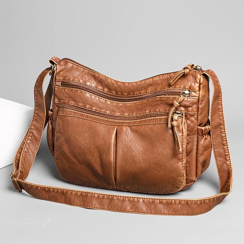Retro Crossbody Bag Pockets Shoulder Bag Washed Leather Purse For Women