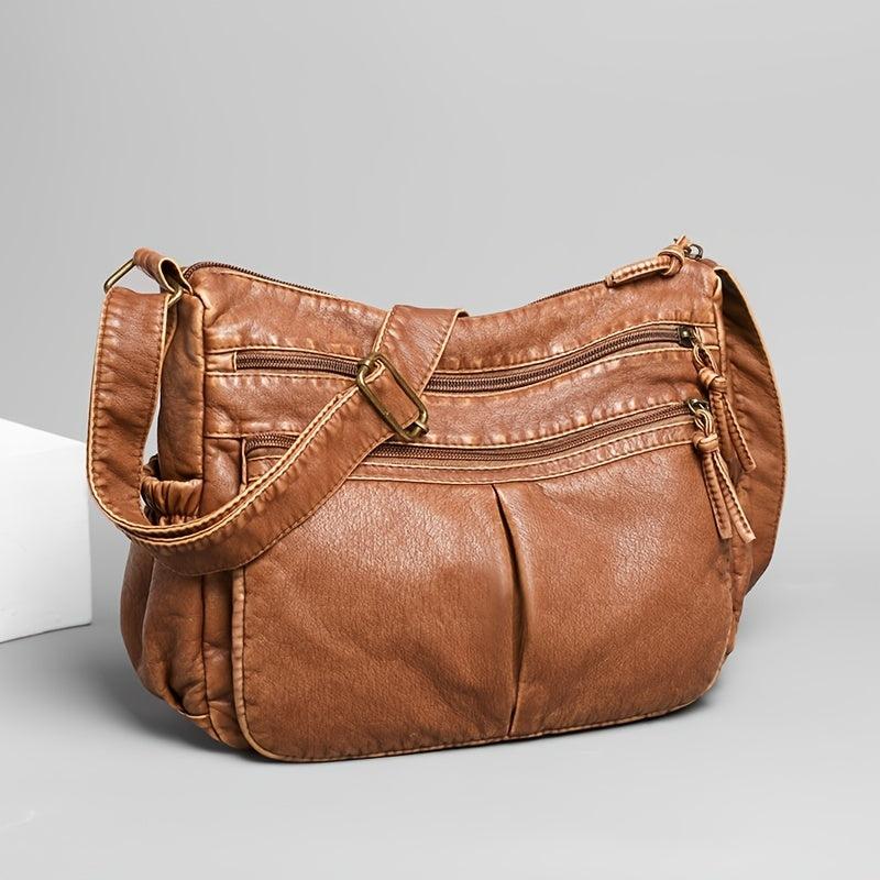 Retro Crossbody Bag Pockets Shoulder Bag Washed Leather Purse For Women