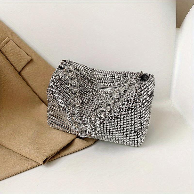 Glitter Rhinestone Underarm Bag Zipper Stylish Chain Strap Crossbody Bag