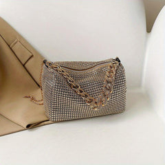 Glitter Rhinestone Underarm Bag Zipper Stylish Chain Strap Crossbody Bag