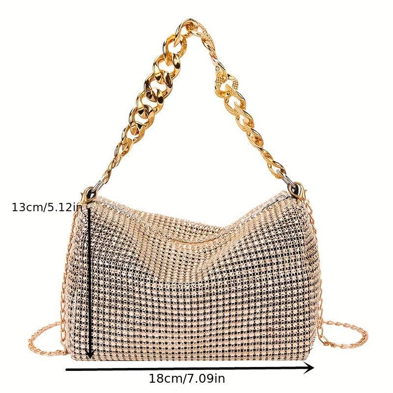 Glitter Rhinestone Underarm Bag Zipper Stylish Chain Strap Crossbody Bag