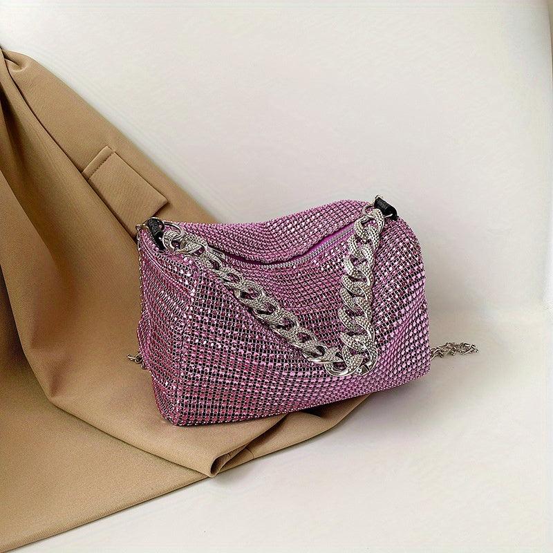 Glitter Rhinestone Underarm Bag Zipper Stylish Chain Strap Crossbody Bag