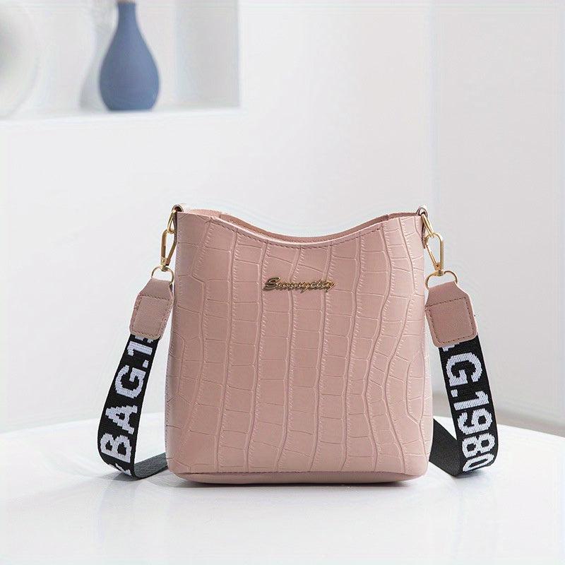 Crocodile Pattern Bucket Bag Wide Strap Shoulder Bag Women's Crossbody Purse