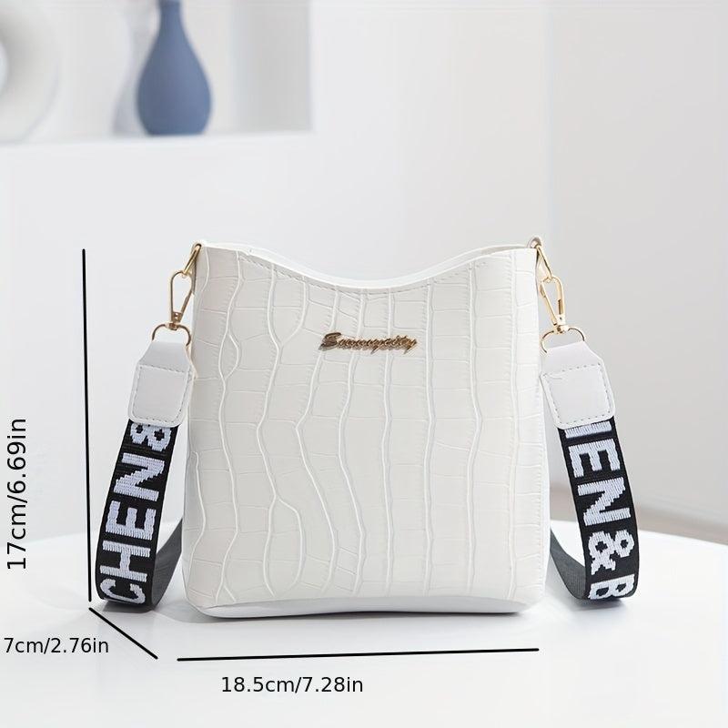 Crocodile Pattern Bucket Bag Wide Strap Shoulder Bag Women's Crossbody Purse