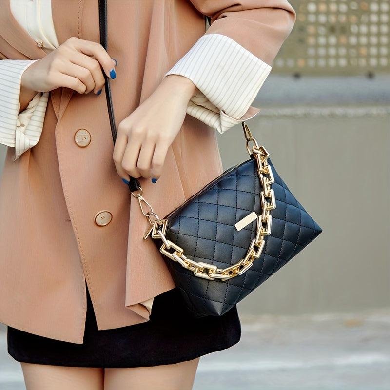 Argyle Quilted Crossbody Bag Chain Decor Square Purse Women's PU Leather Handbag
