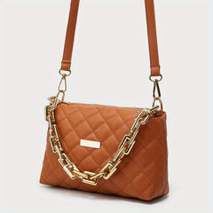 Argyle Quilted Crossbody Bag Chain Decor Square Purse Women's PU Leather Handbag
