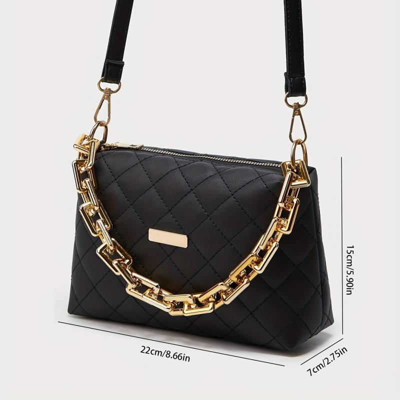 Argyle Quilted Crossbody Bag Chain Decor Square Purse Women's PU Leather Handbag